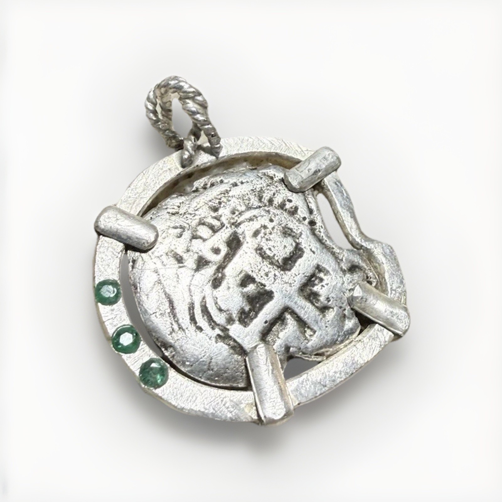 Authentic Spanish-Colonial 2-Reales Silver Shipwreck Cob Coin in Emerald Bezel