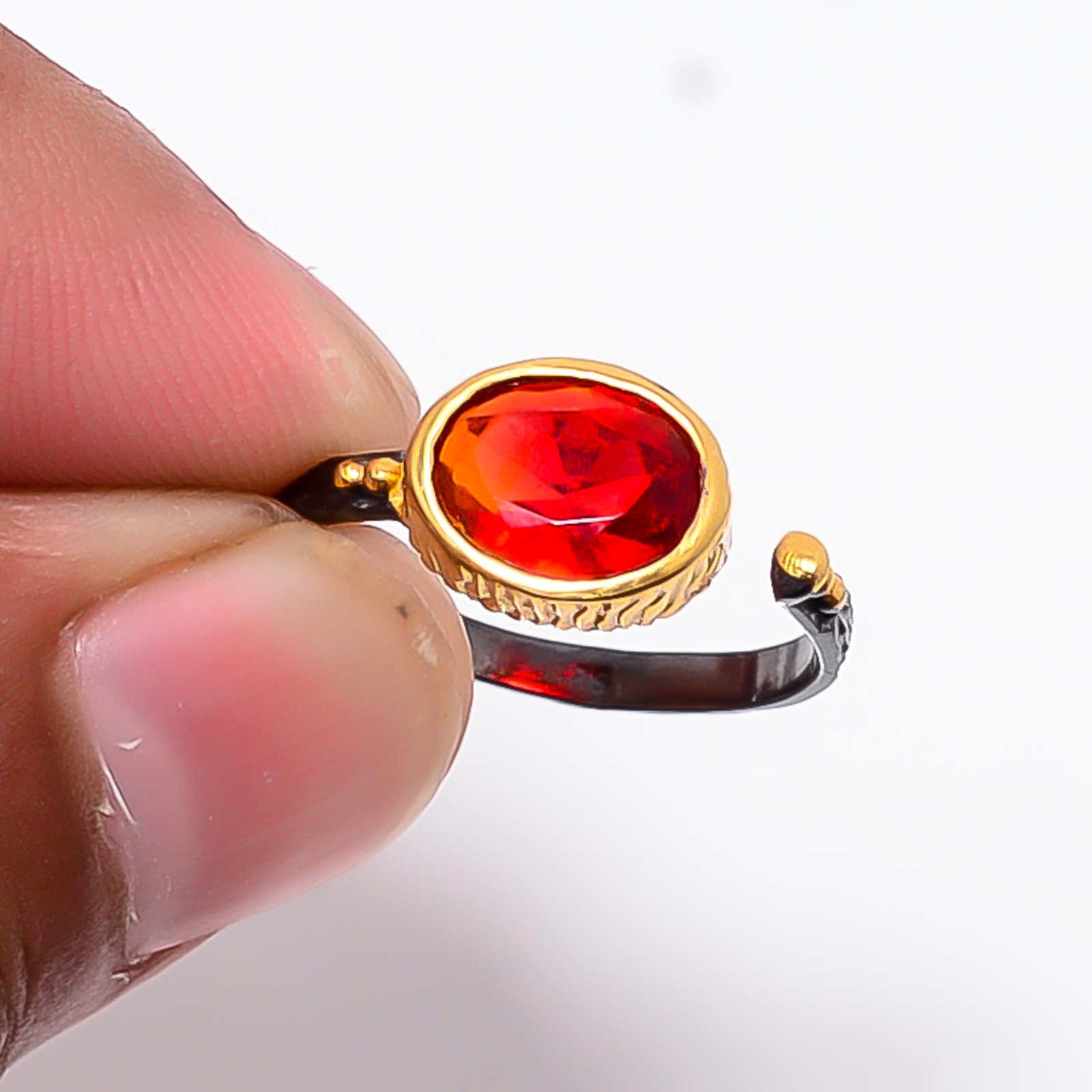 Red Garnet Black And Gold Plated 925 Sterling Silver Ring S.Adjustable R87132
