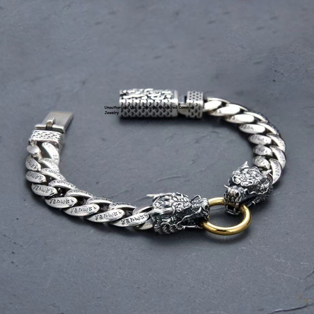 Pure S925 Sterling Silver Bracelet 10mm Dragon head Curb Link Chain 60-61g 8.7in