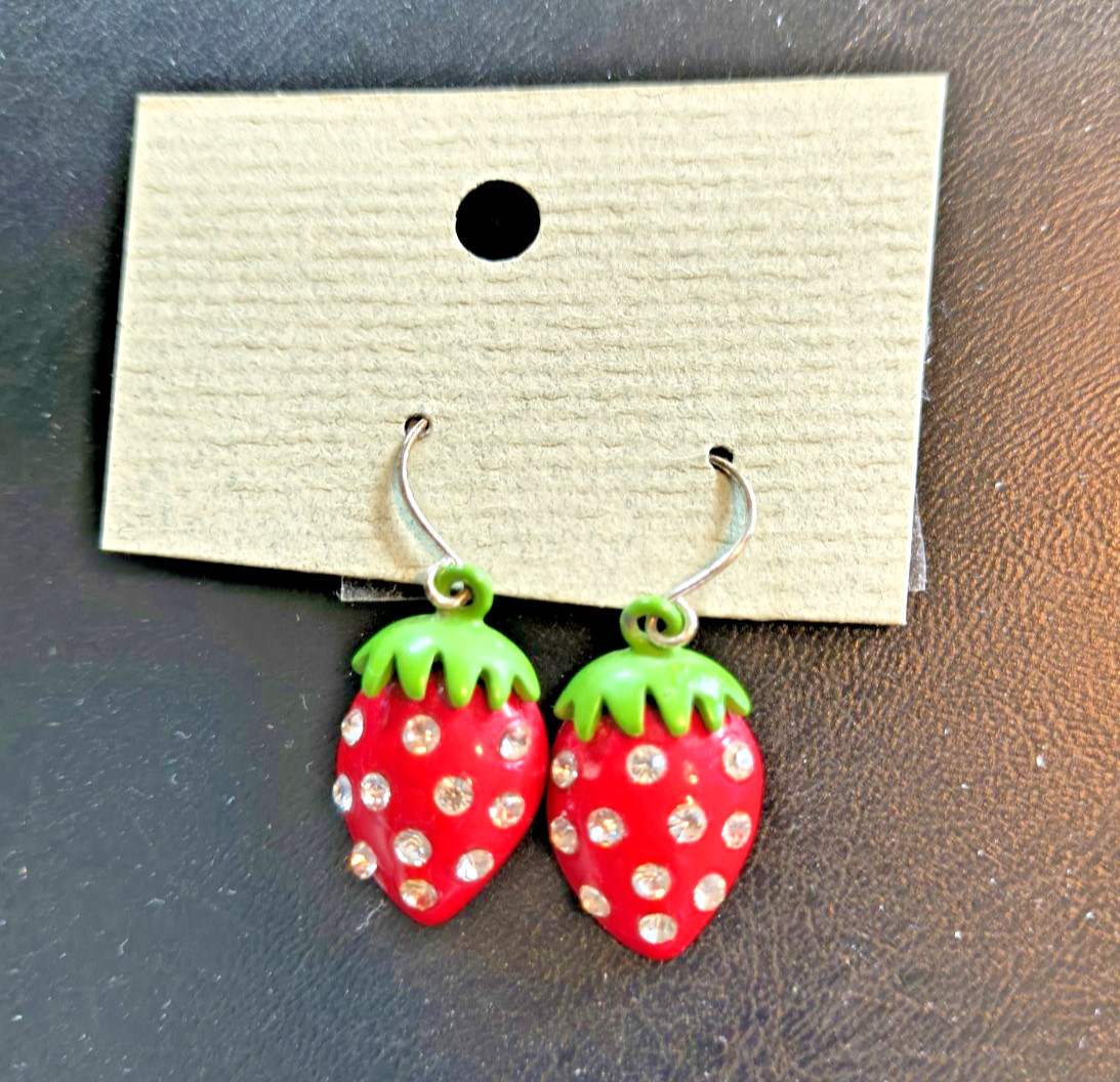 Red Strawberry Enamel Clear Stones 3D Hook Drop Pierced Earrings 80s Cottagecore