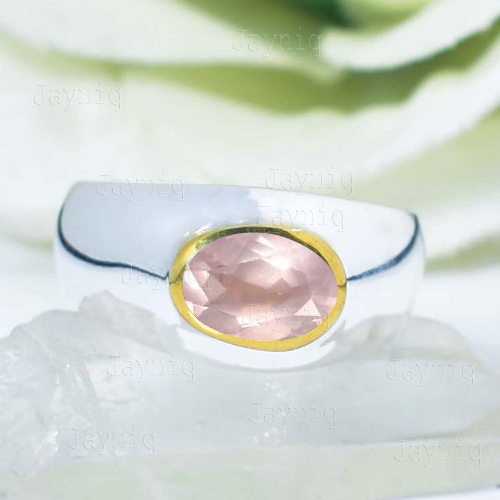 Rose Quartz Gemstone 925 Sterling Silver Handmade Two Tone Finish Ring For Women