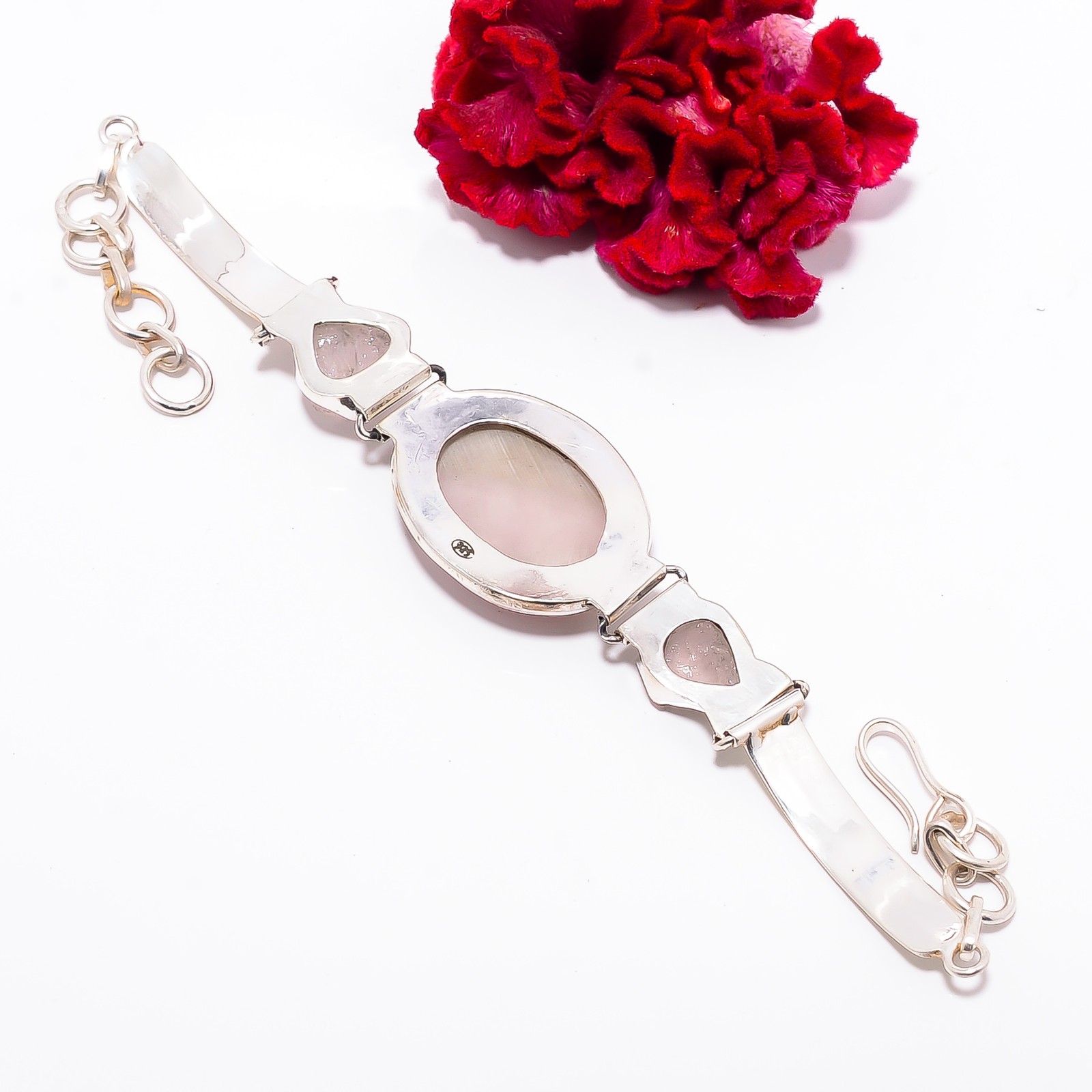 Pink Opal – Australia & Rough Pink Rose Quartz 925 Silver Bracelet 7.99″ B100107