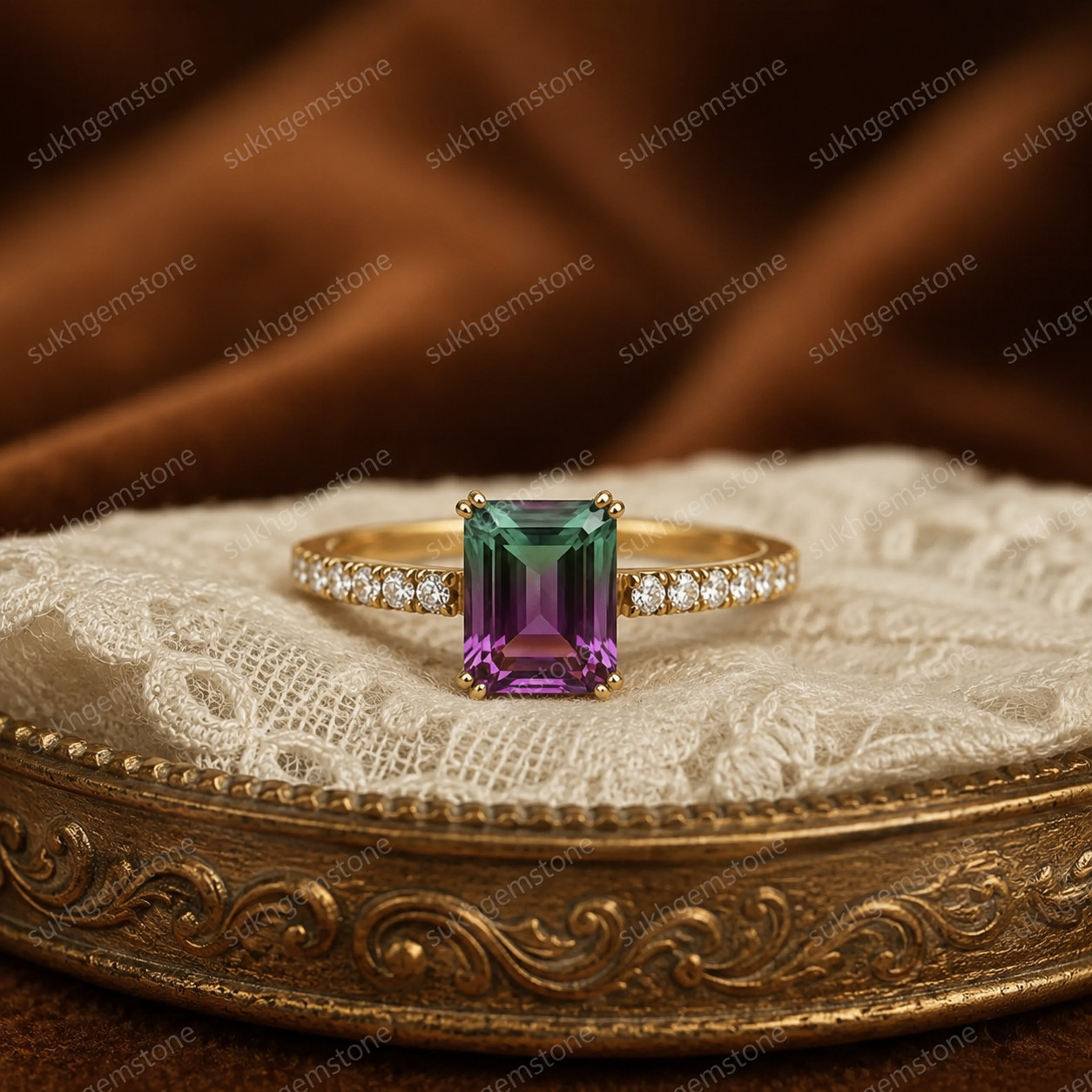 Lab Created Watermelon tourmaline Ring, Base Metal: Brass Finish: Gold Plated