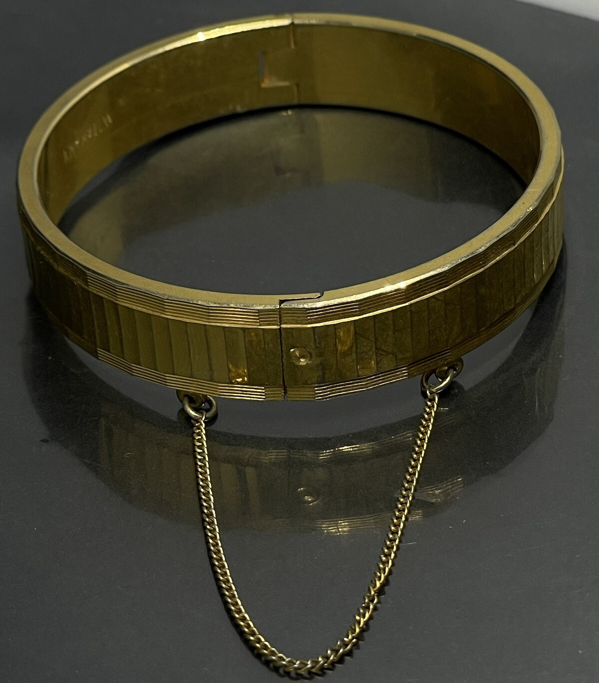 Vintage West Germany Hinged Bracelet Gold Tone With Safety Chain 7” Signed✨