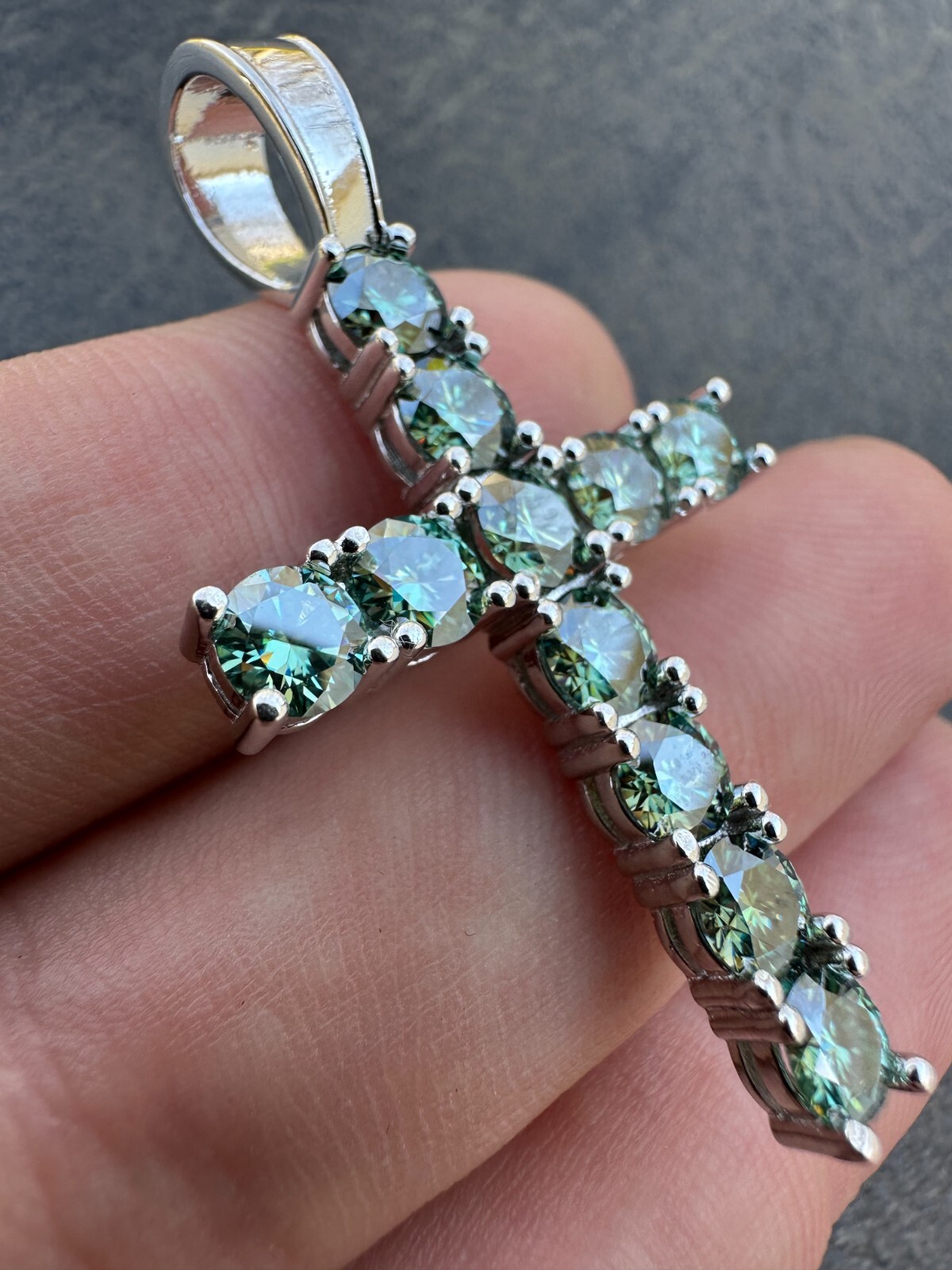 Green Blue MOISSANITE Real 925 Silver Tennis Cross Iced Pendant Necklace Hip Hop