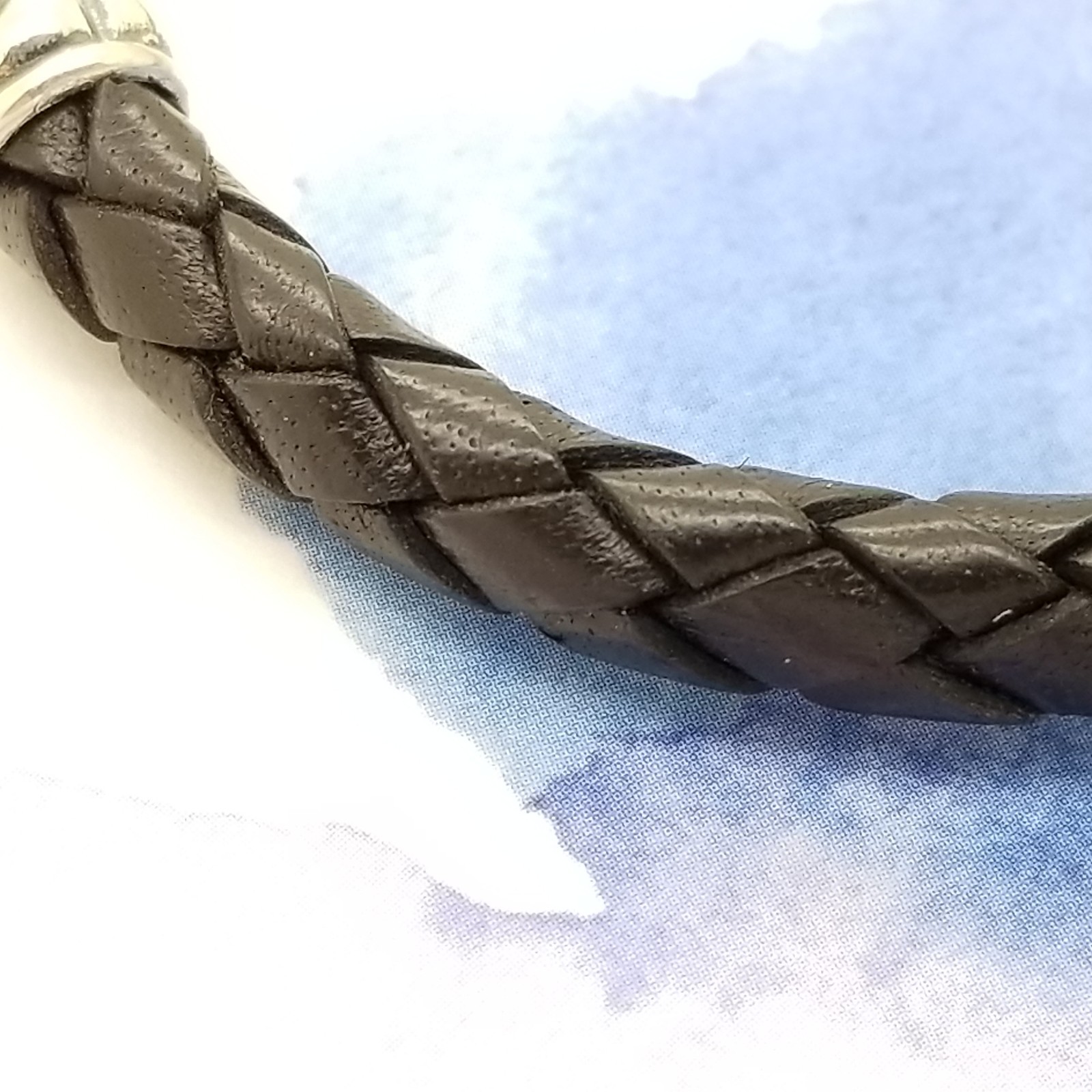 David Yurman Mens 925 Sterling Silver 8.5in Black Leather Woven Chevron Bracelet