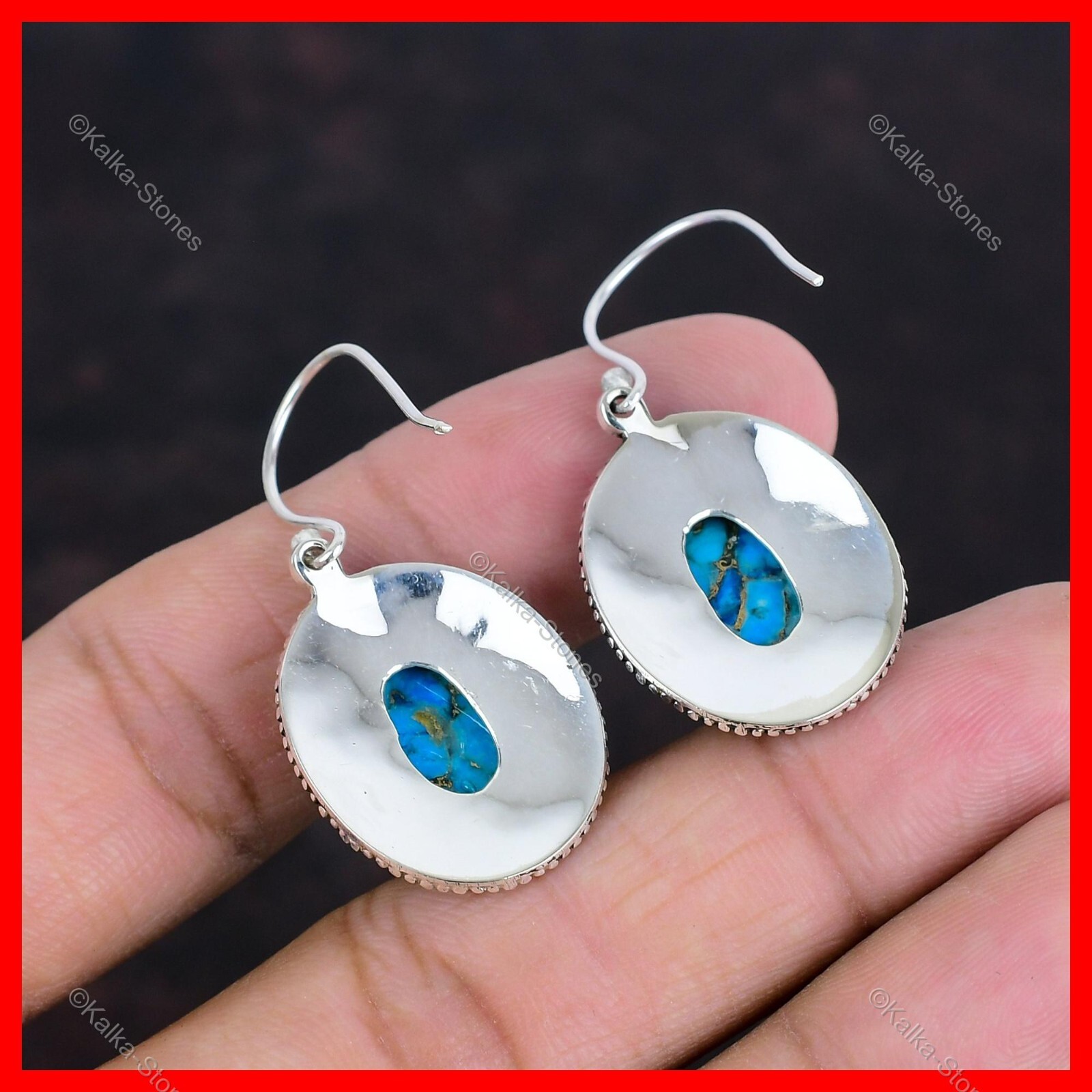 Sterling Silver Natural Copper Blue Turquoise Dangle Drop Hook Earrings Jewelry