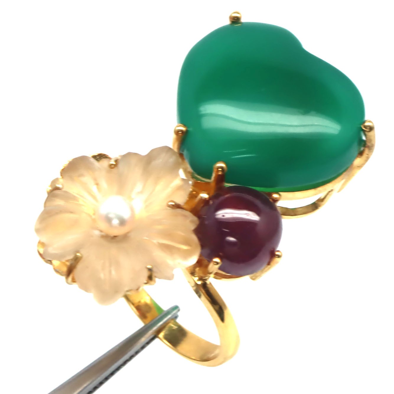 925 Silver 19 x 22 MM. Green Agate (40.55 ct.) Quartz Ruby Pearl Jewelry Ring