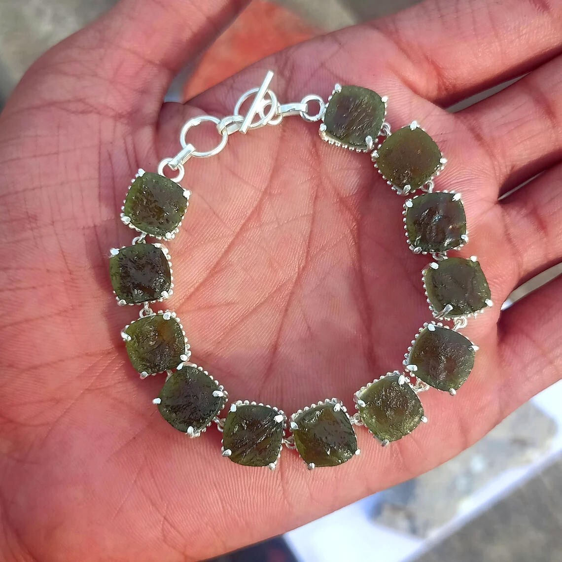 Real Moldavite Bracelet Czech Moldavite Bracelet 925 Sterling Silver Bracelet