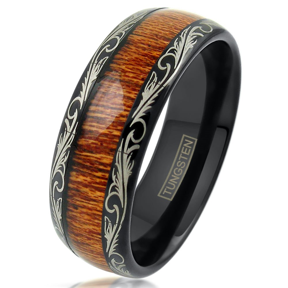 Men’s Tungsten Ring 8mm Black w/ Wood Grain Leaf Edge Wedding Band