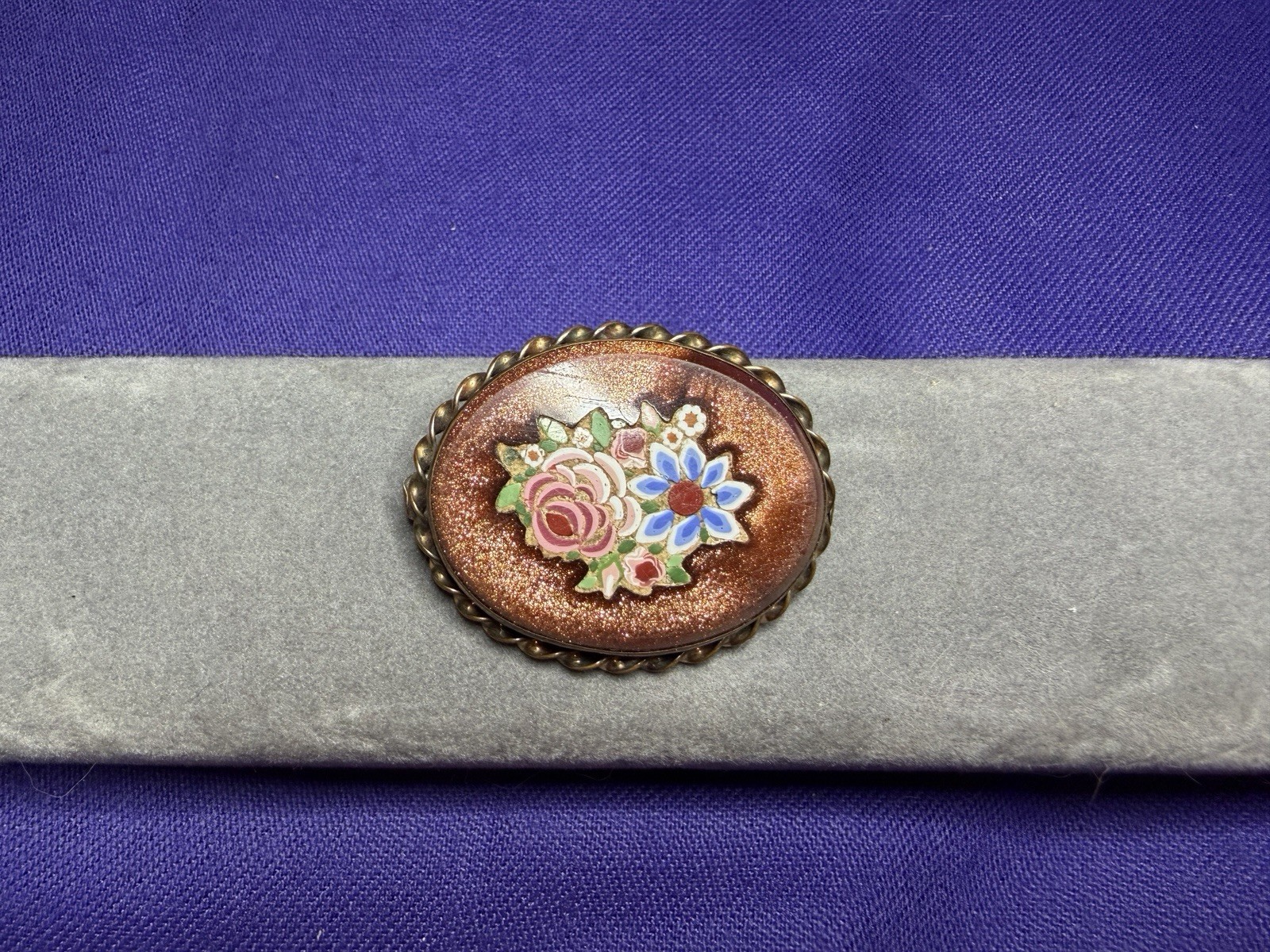 Vintage Italian Pietra Dura Micro Mosaic Floral Brooch Pin Goldstone Setting