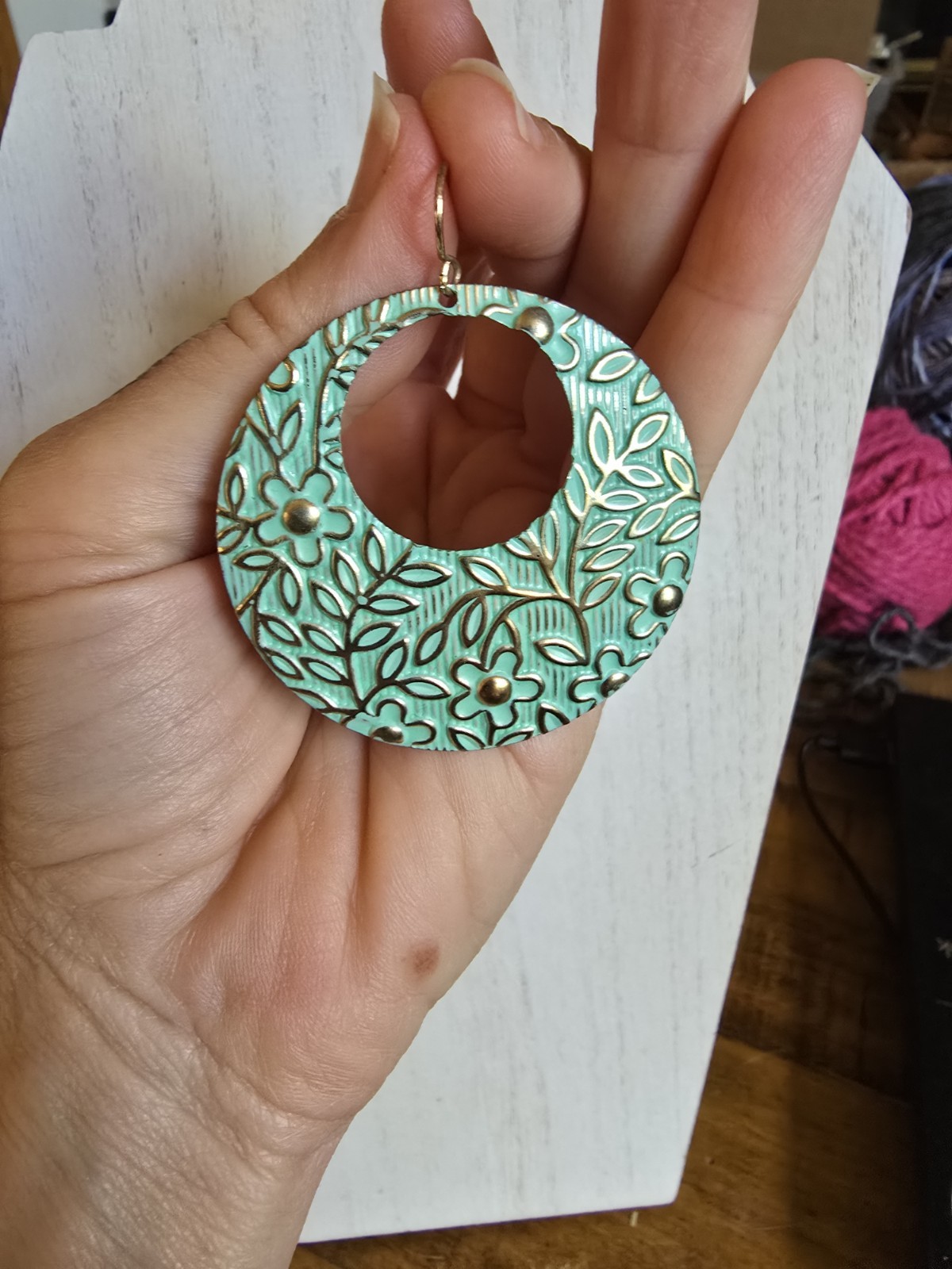 Bohemian Gold tone Sea Foam Green Patina Flowers Brass Earrings