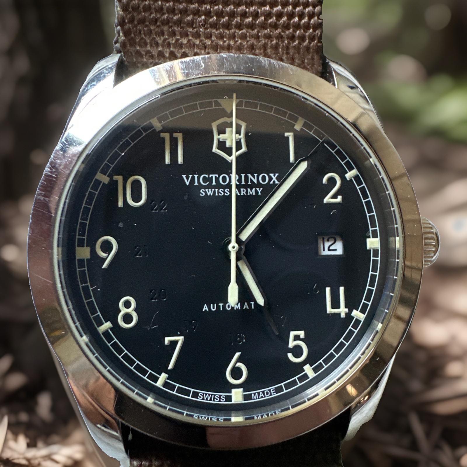 Victorinox Swiss Army 241586 40mm Silver Stainless Steel Case, Camouflage Band.