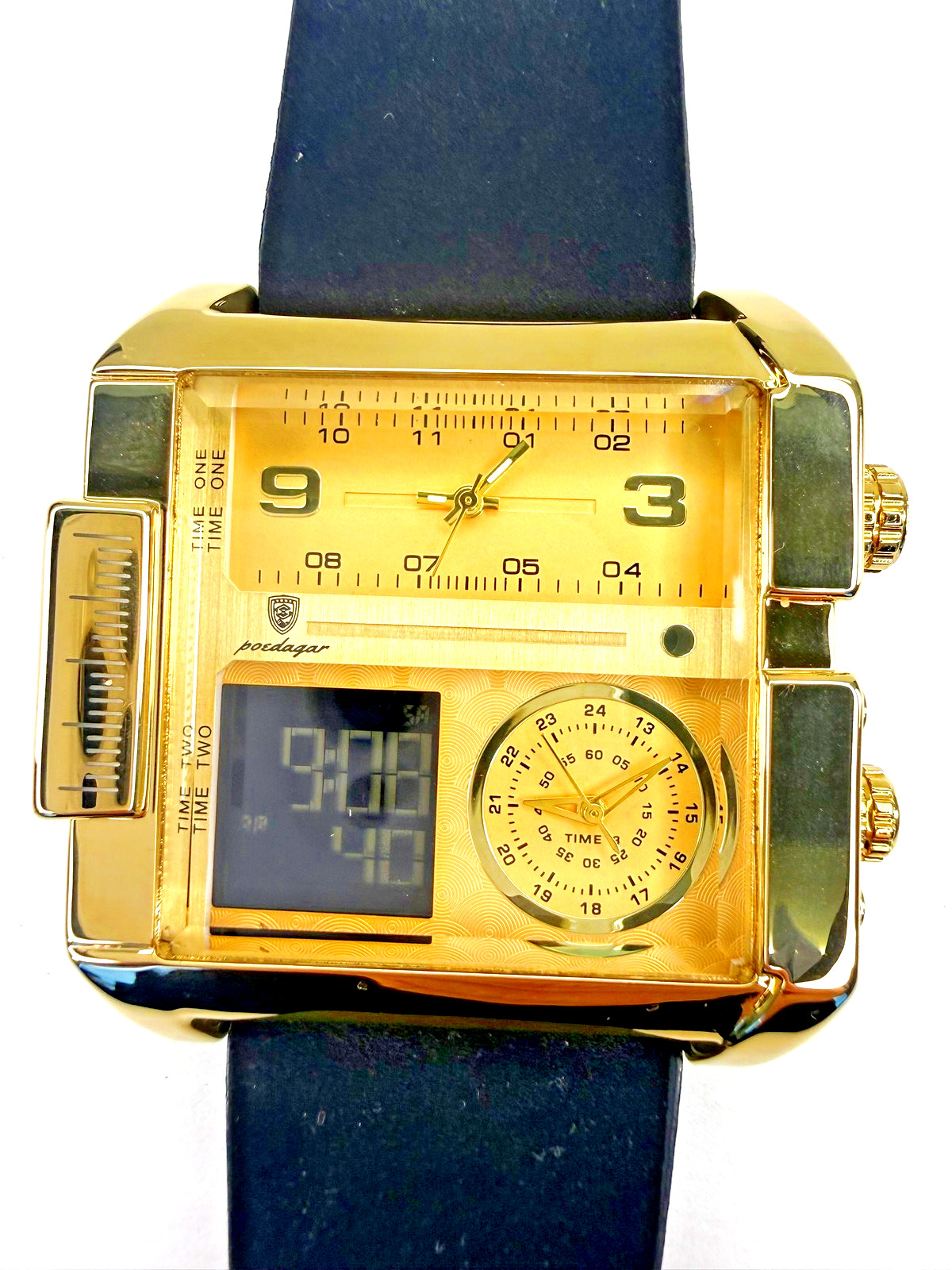 Poedagar 54mm+ Triple Time Zone Watch Gold Tone Analog Digital