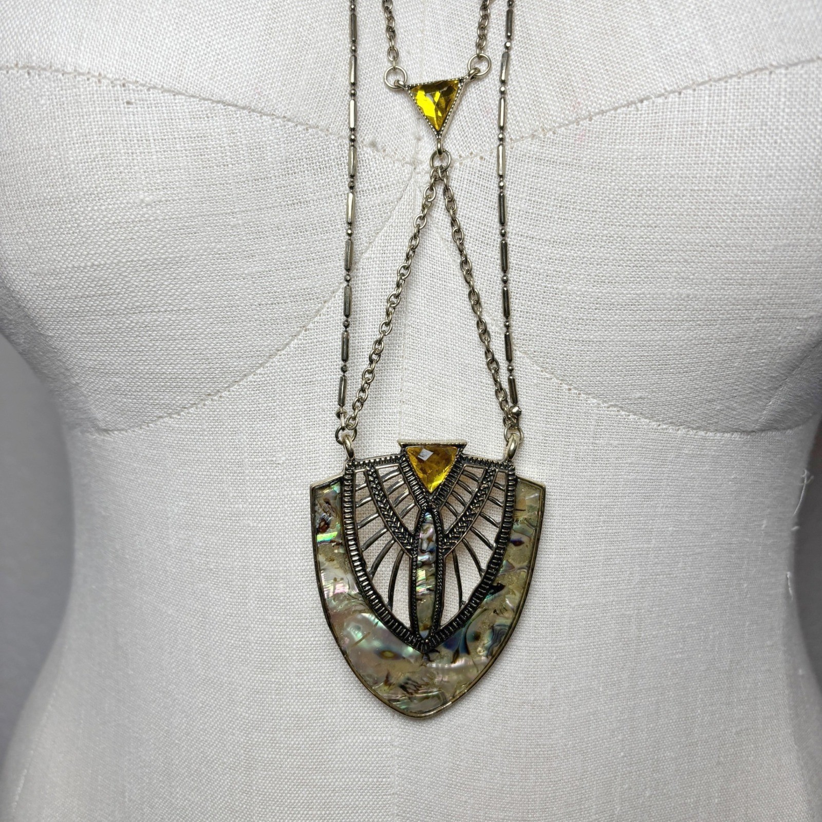 Art Deco Statement Long Necklace 32in Gold Abalone Shield Pendant Geometric