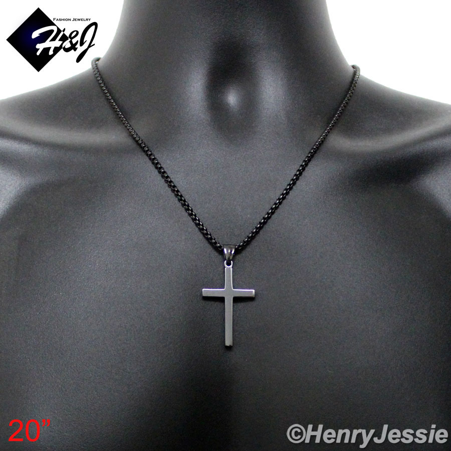 18-36″MEN Stainless Steel 3mm Black Plated Box Chain Necklace Cross Pendant*BP29