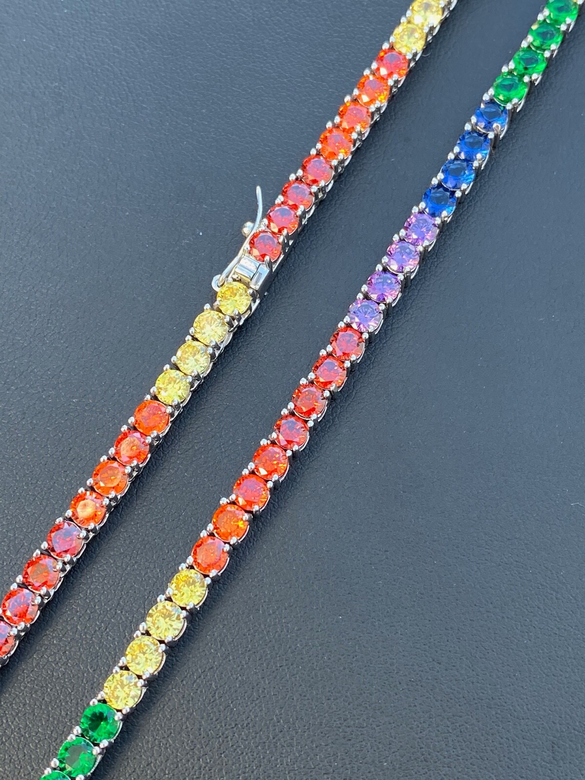 Tennis Chain SOLID 925 Sterling Silver Single Row Rainbow CZ Necklace ITALY