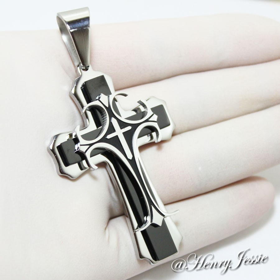 24″MEN’s Stainless Steel 6mm Silver/Black Plated Box Necklace Cross Pendant*BBH