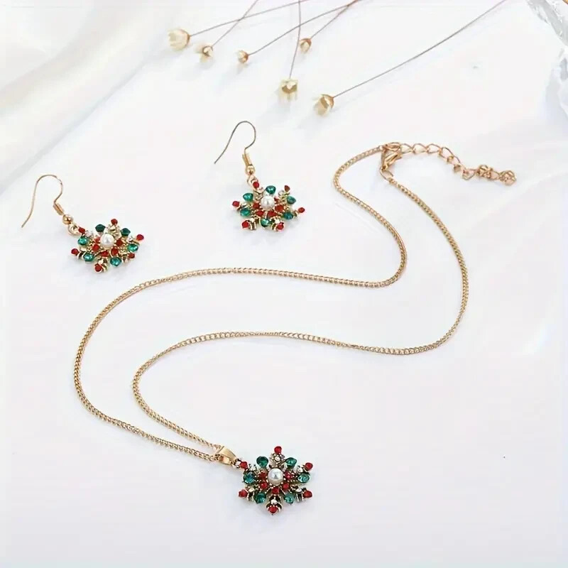 3 Pcs Snowflake Necklace Earrings Set Gold Plated Shiny Rhinestones Christmas
