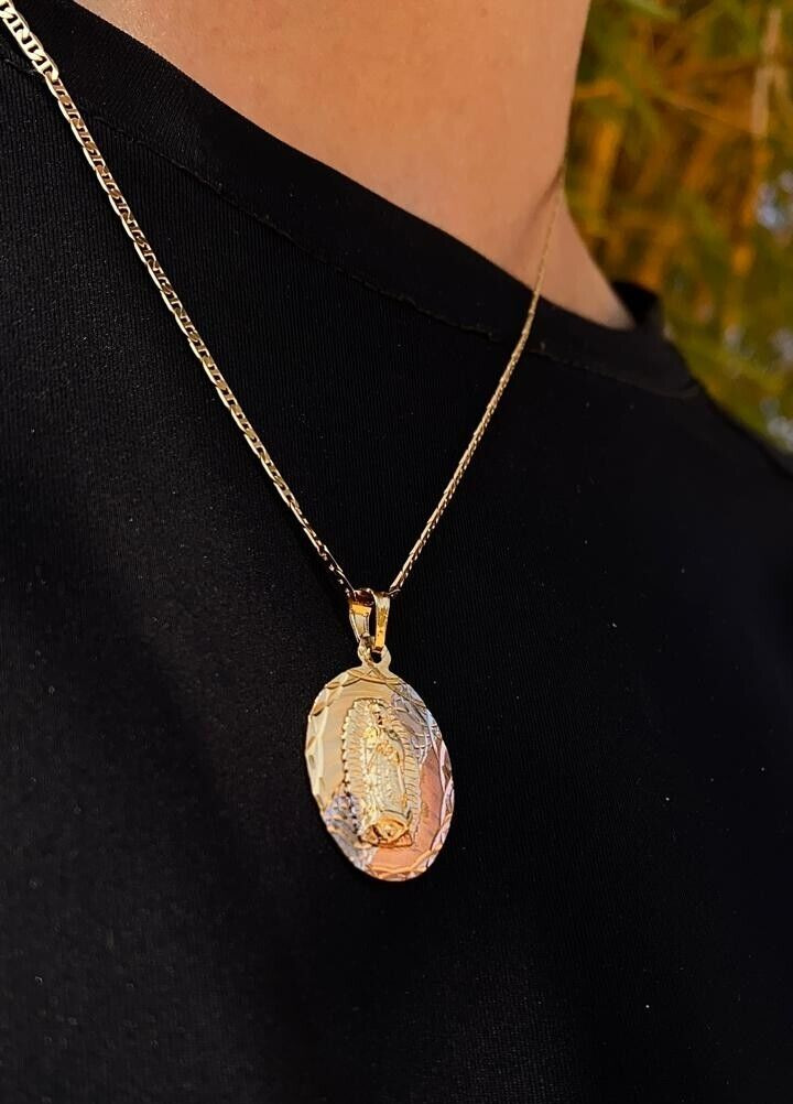 Virgem De Guadalupe Necklace Mariner Chain 24″ 14K Gold Filled Jewelry For Mens