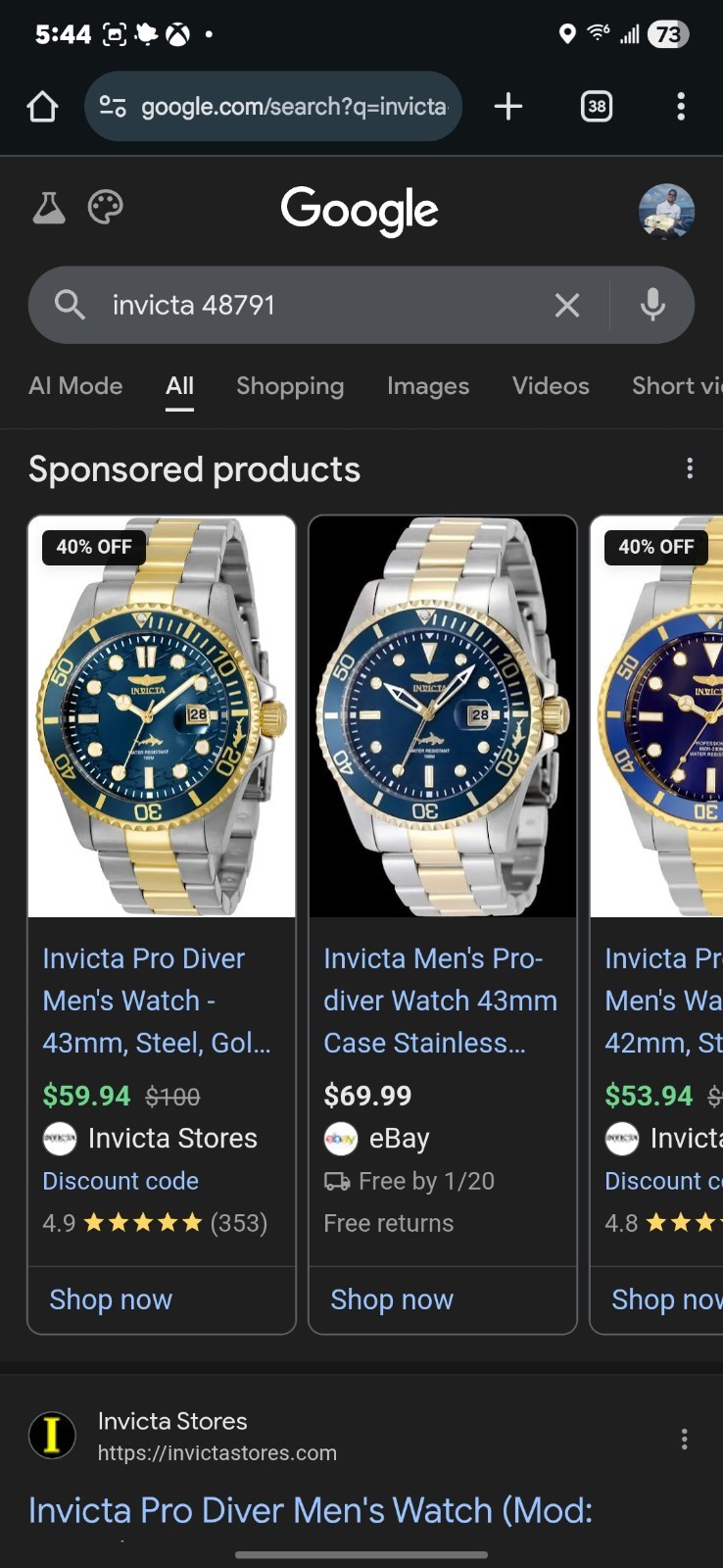 Invicta 48791 Pro Diver New Two-Tone Blue/Gold 43mm