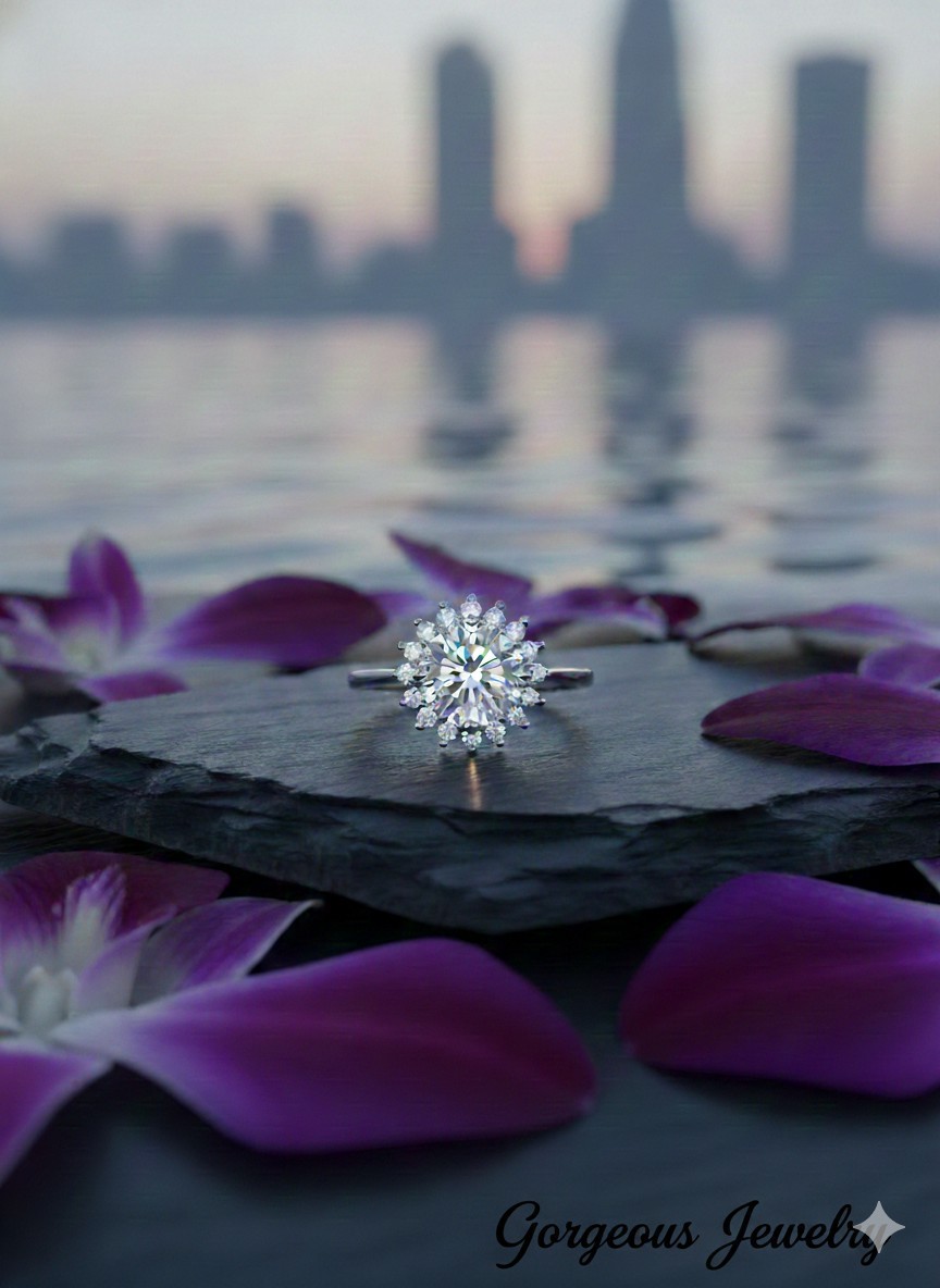 2.6ct MOISSANITE BRILLIANT-CUT VVS1 D FLOWER HALO RING 18k WHITE GOLD CERTIFIED