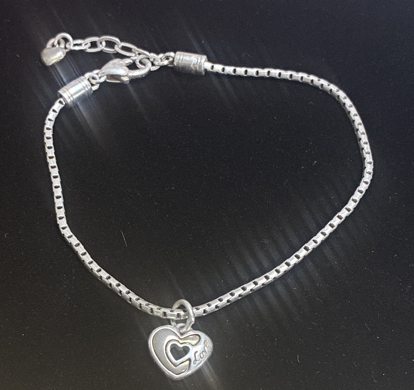 Silver Tone Box Chain Charm Bracelet Adjustable Lobster Heart Love Dangle