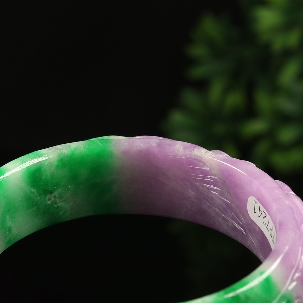 55mm Lavender Purple Green Jadeite Jade Bangle Bracelet Ruyi Fish Lotus A-14535