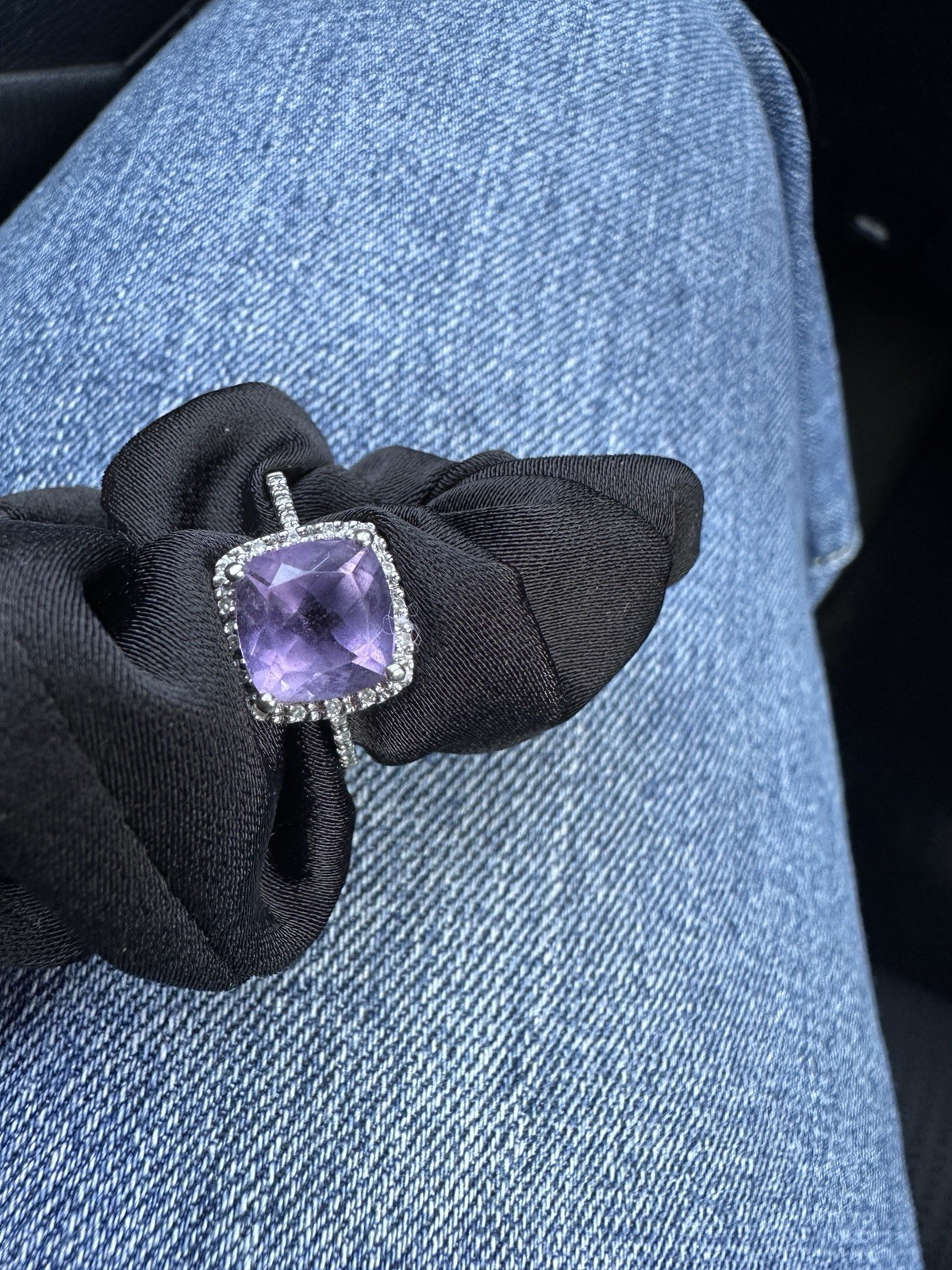 Amethyst And Diamonds Cushion Cut 14k White Gold Ring Size 5.5