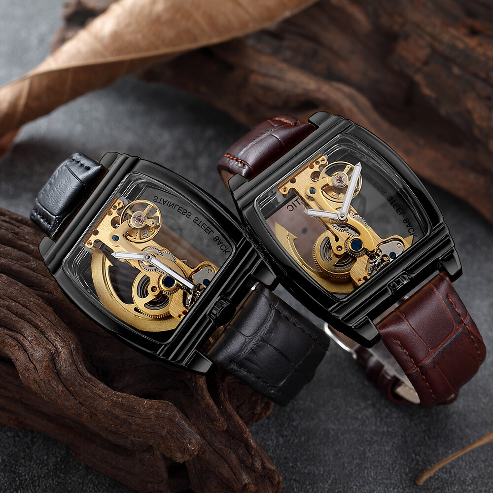 SHENHUA Mens Luxury Automatic Mechanical Transparent Skeleton Self-wind Watch