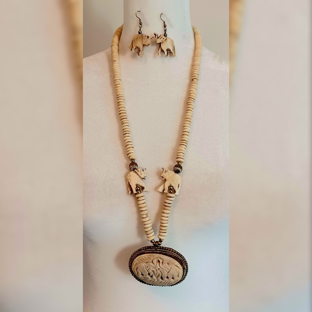 Vintage Tribal Carved Bovine Bone & Brass Elephant Pendant Necklace Earring Set