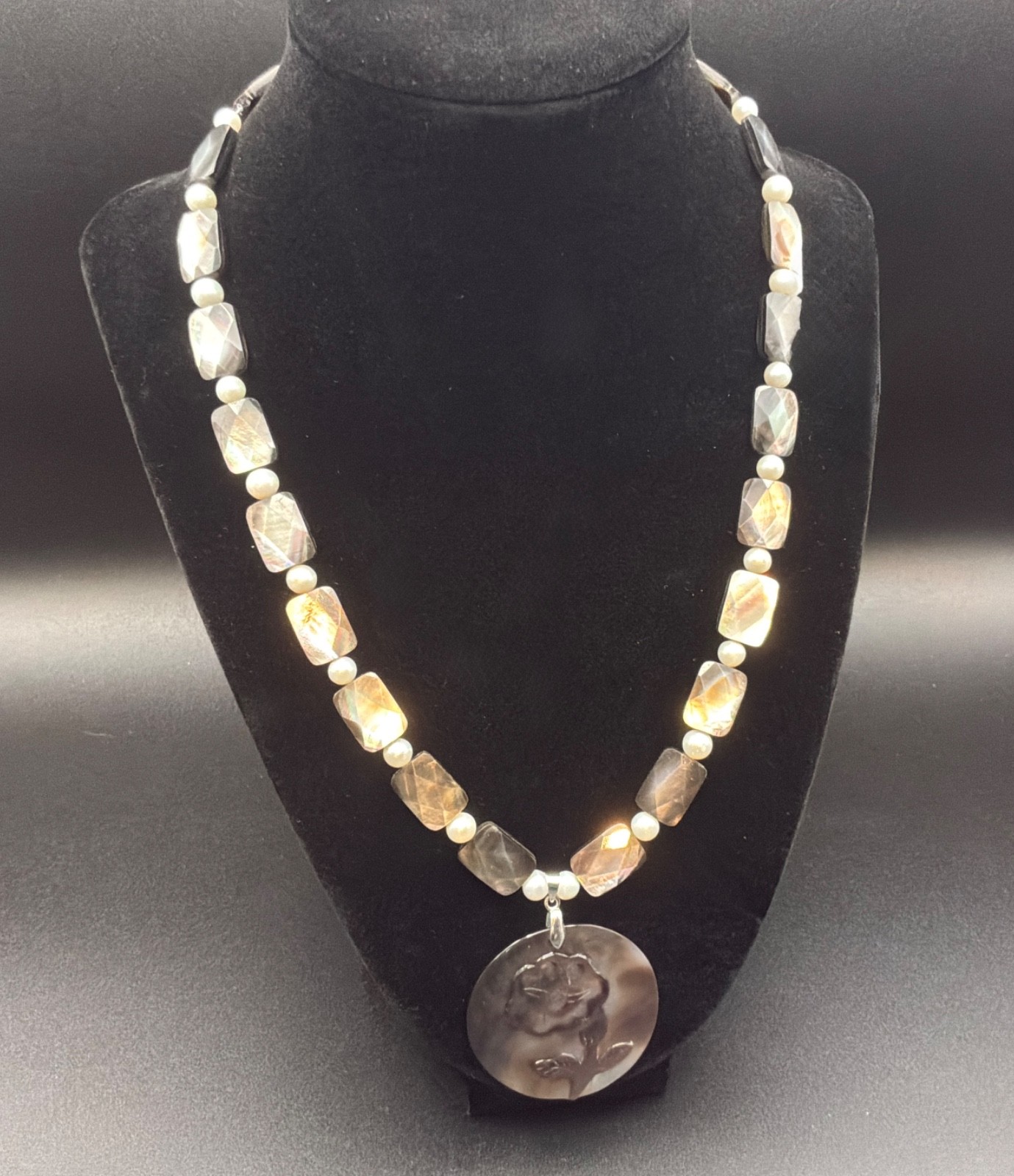 Mother of Pearl Pendant on Black Shell Necklace