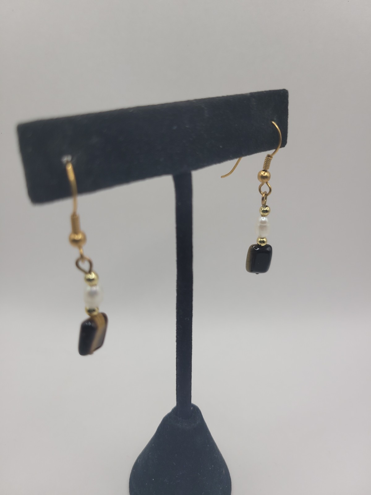 Handmade Brown Black & White Beaded Dangle Earrings Gold Tone Fishhook Boho