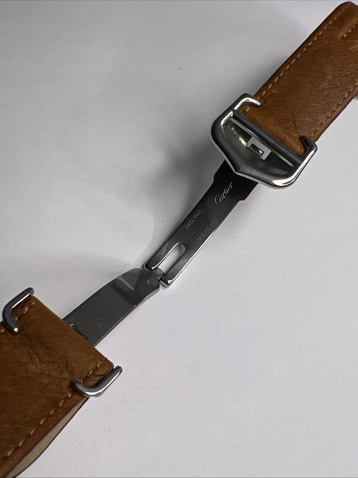 19mm Cartier Tan Ridged Leather Strap Band & 17mm Steel Foldover Deployant Clasp