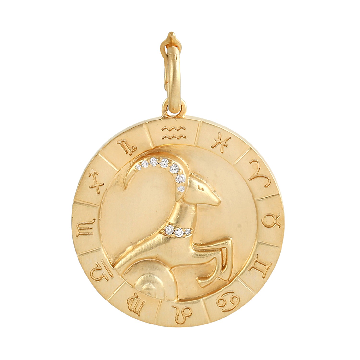 Capricorn Zodiac Medallion Pendant 14K Yellow Gold Diamond Astrology Charm