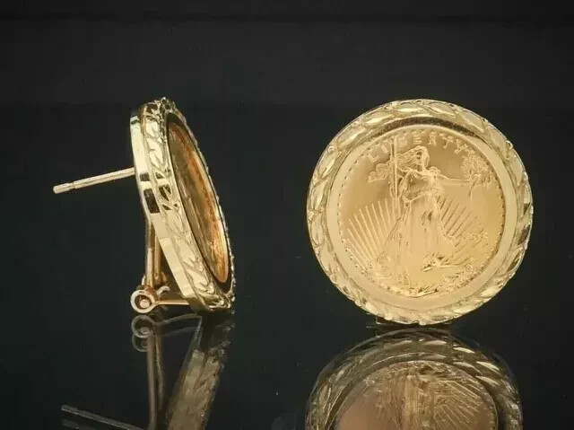 Without Stone 12 mm Coin Estate American Eagle Earrings 14K Yellow Gold Plated