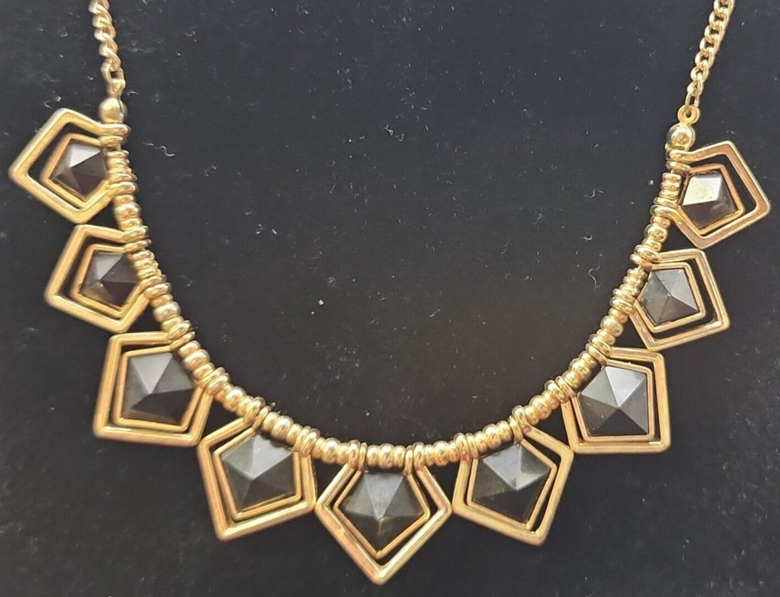 Black Geometric Pentagon Gold Tone Statement Necklace – 17.5″