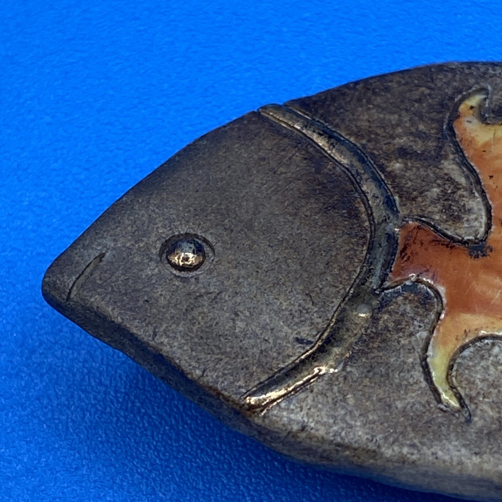 PIN Brooch FISH Artisan made ceramic pottery enamel MCM style brown orange red