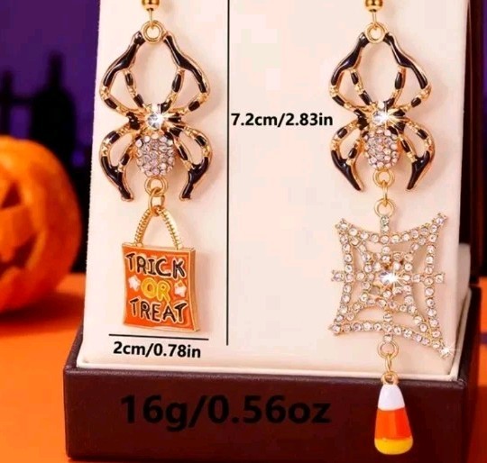 Halloween, Goth,spider Dangle Earrings. Rinestones,enamel, Goldtone, Hooks