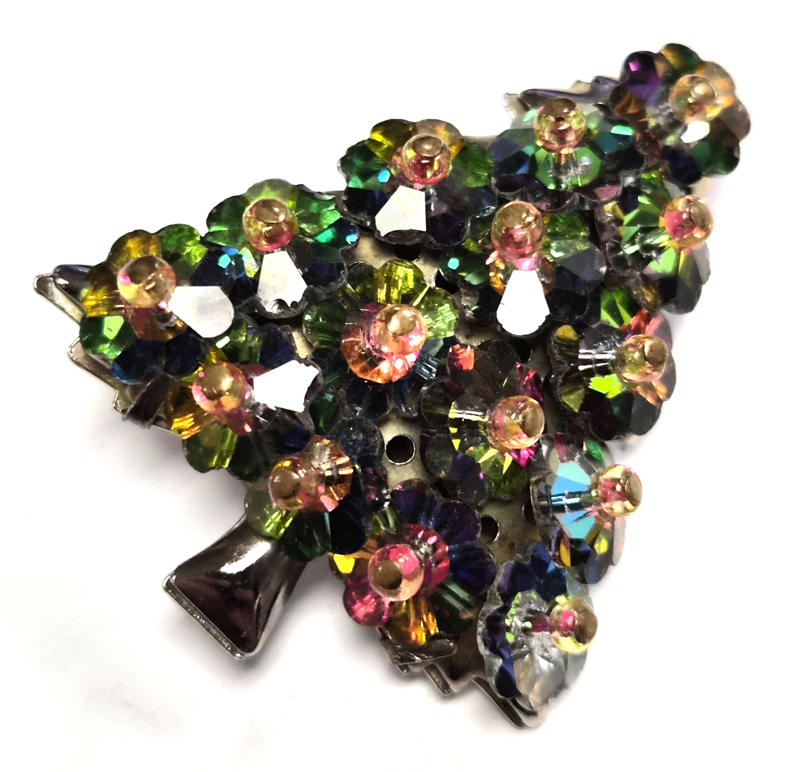 Vintage 60’s Watermelon Rivoli Crystal Bead Christmas Tree Pin / Brooch