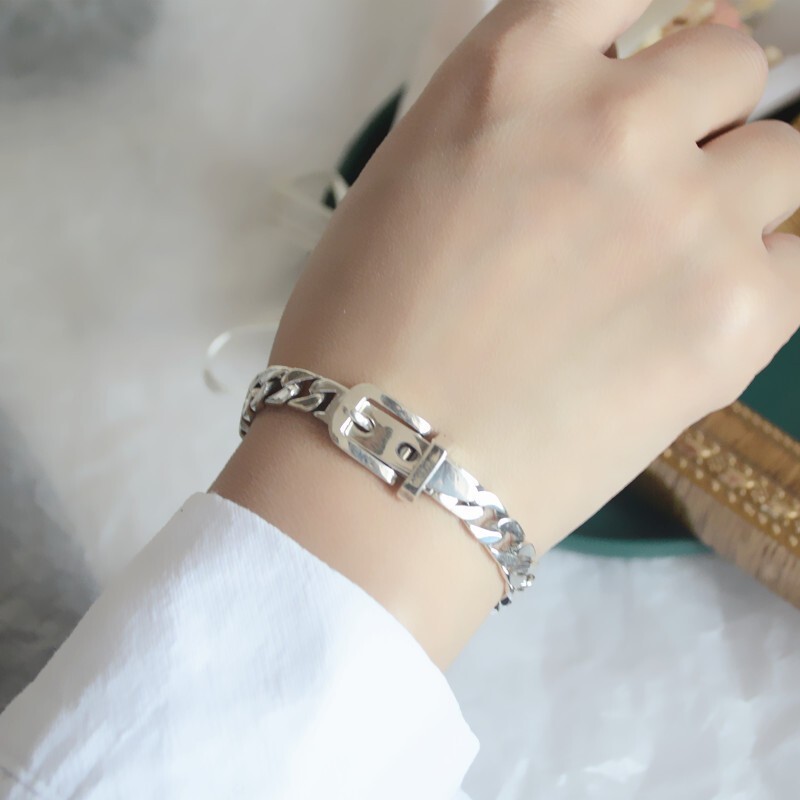 925 Sterling Silver Vintage Belt Buckle Chain Bracelet Trendy Cuban Link Bangle