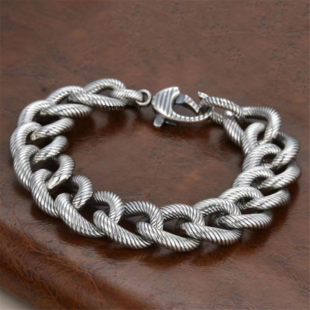 Pure S925 Sterling Silver Bracelet 14mm Feather Curb Link Chain 7.1-8.7inch