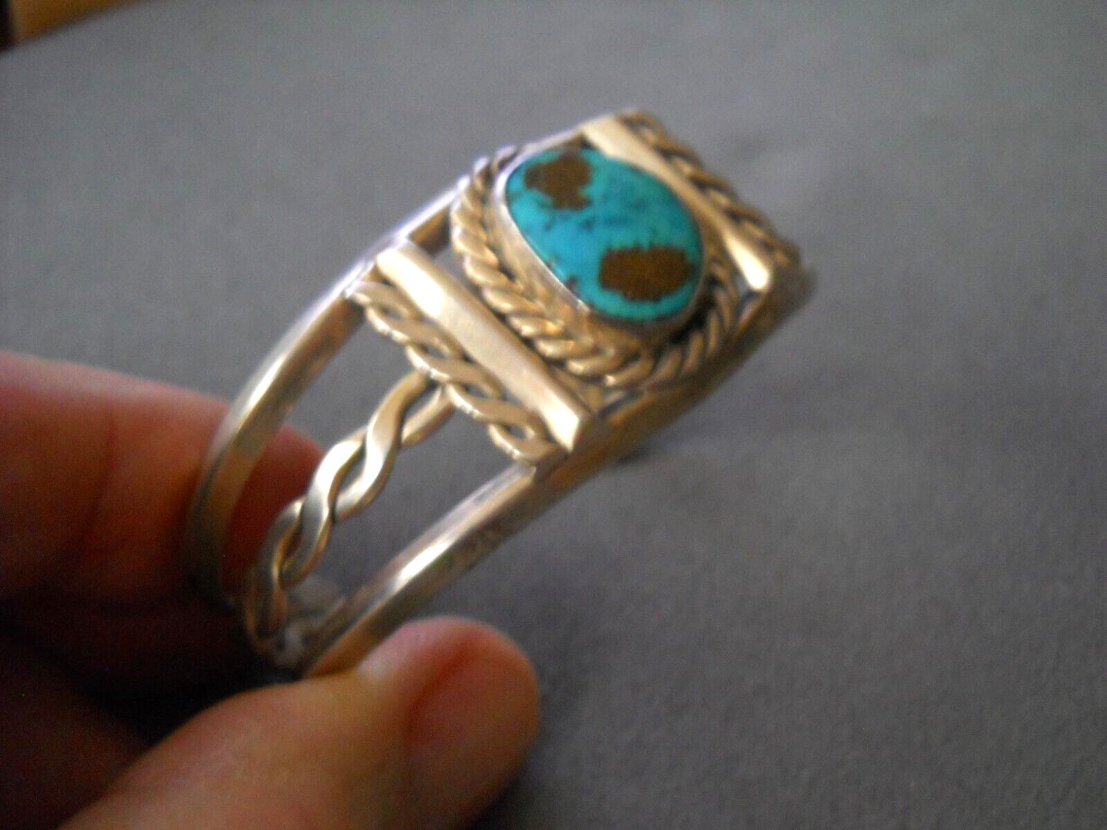 Native American Navajo Rich Blue Turquoise Sterling Silver Rope Cuff Bracelet