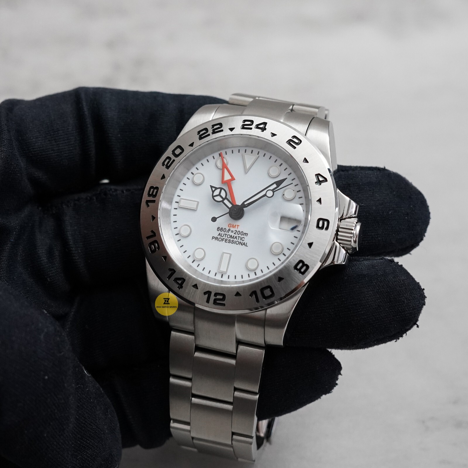 40mm White Custom Explorer 2 GMT Mod Watch NO LOGO w/ NH34 Automatic Mvmt