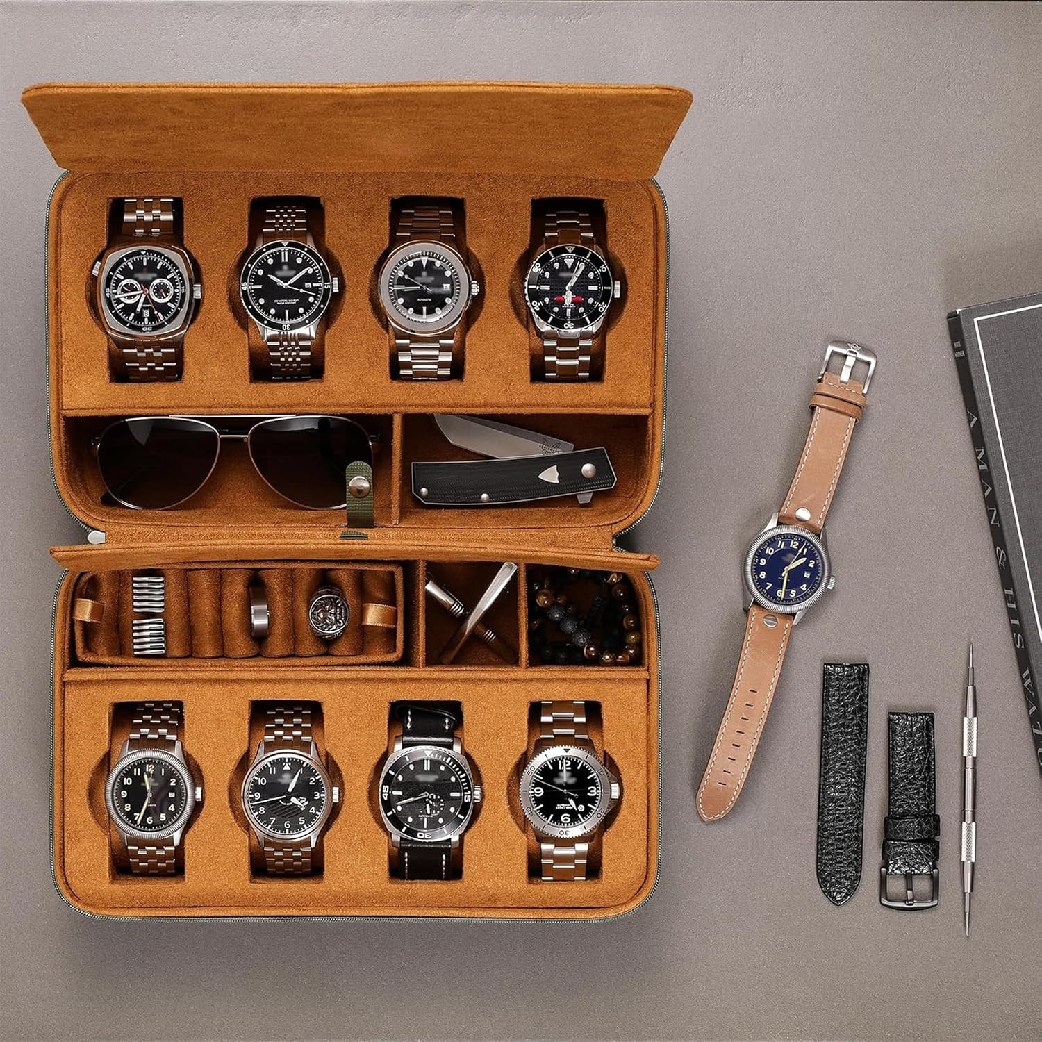 8 Watch Travel Case Storage Organizer for 8 Watches, Sunglasses, Rings & Cufflin