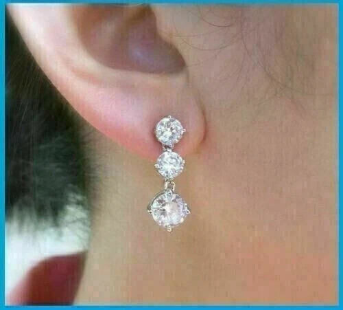 3Ct Round Cut Lab Created Diamond Drop Dangle Earrings 14K White Gold Plated