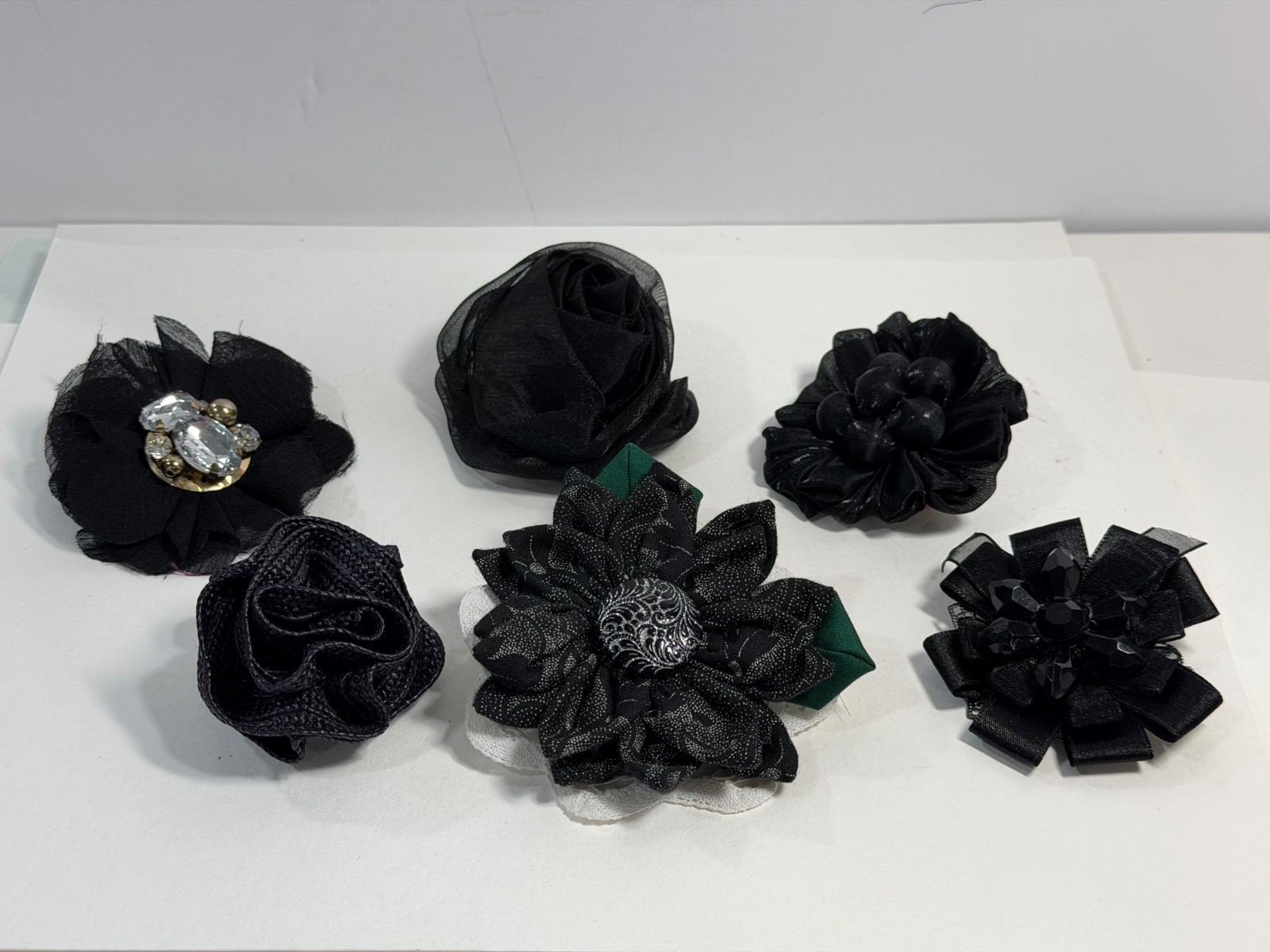 Lot of 6 Black Fabric Flower Brooches Handmade Upcycled Ribbon Lace Pins