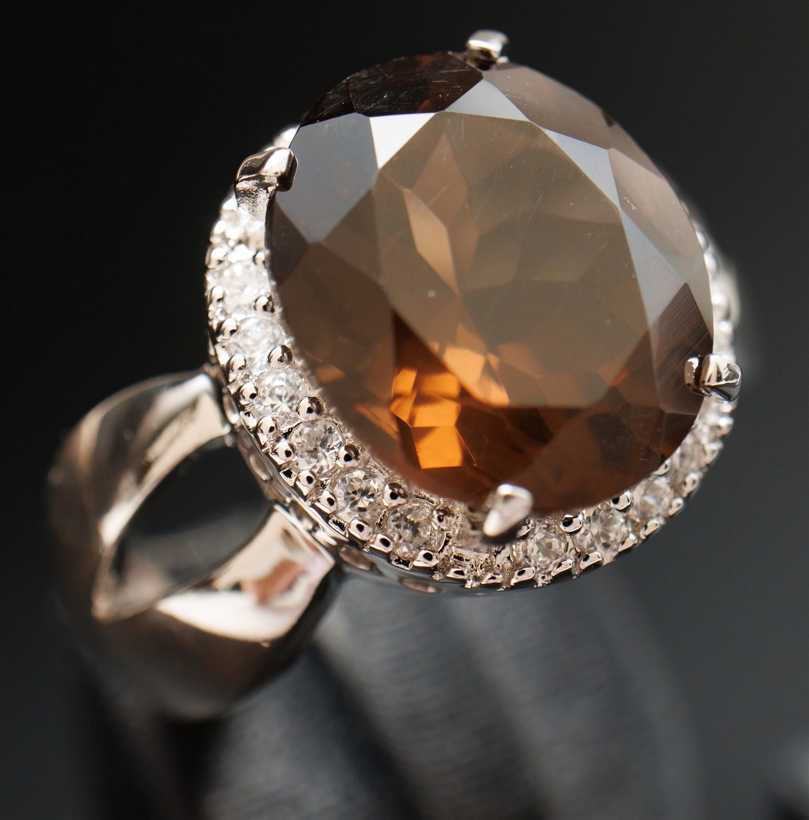 Size 8.75 Brown Smoky Quartz Cocktail CZ Halo Sterling Silver Ring