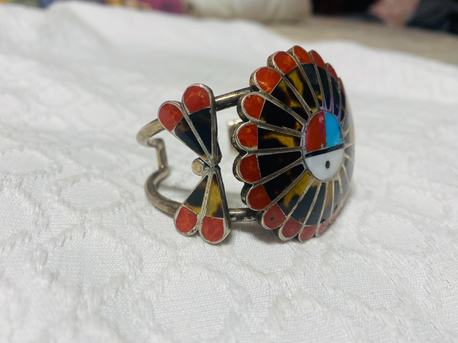 Native American RARE Vintage Zuni Signed Sterling Shell & Coral Cuff Bracelet