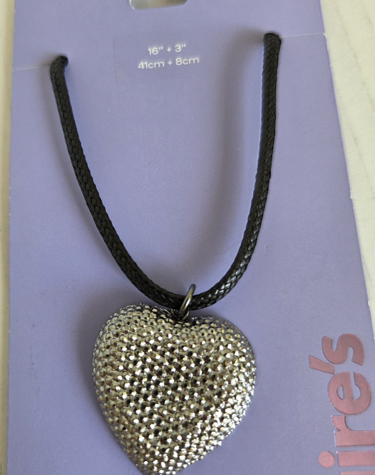 Claire’s Silver toned Heart Pendant Black Cord Necklace 16″ plus 3″ extender NEW